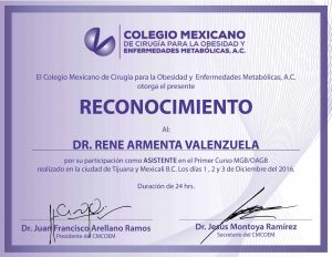 Board Certified Bariatric Surgeon Dr. Rene Armenta Valenzuela - CMCOEM Colegio Mexicano de Cirugia Para La Obesidad y Enfermedades Metabolicas